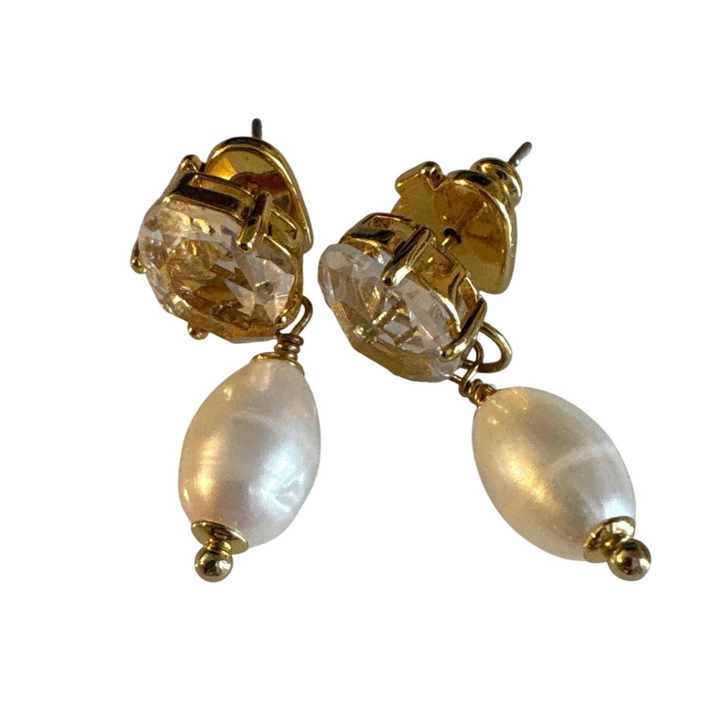 Kate Spade New York Crystal and Faux Pearl Drop Earrings Gold Tone Studs - Picture 3 of 7